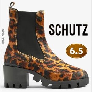 SCHUTZ Karissa Leather Jungle Leopard Lug-Sole Fur Booties (6.5) NWOB MSRP $280